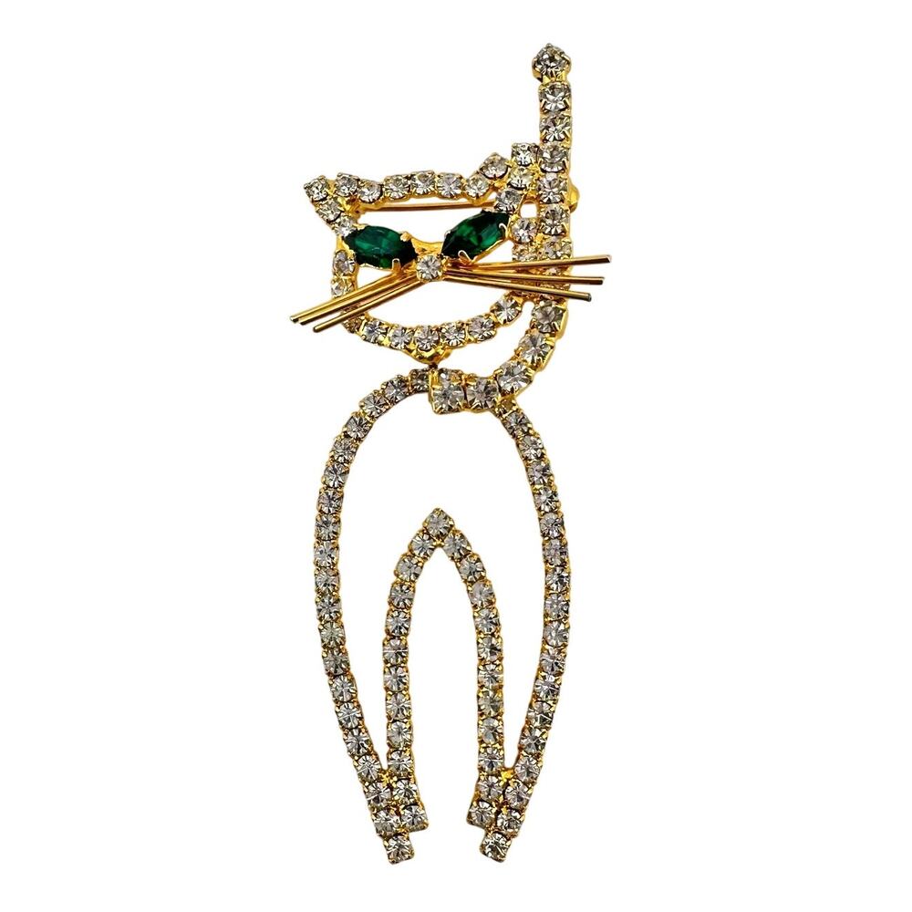 Vintage Retro Cat MCM Prong Set Rhinestone Groovy Gold Tone Articulated Brooch